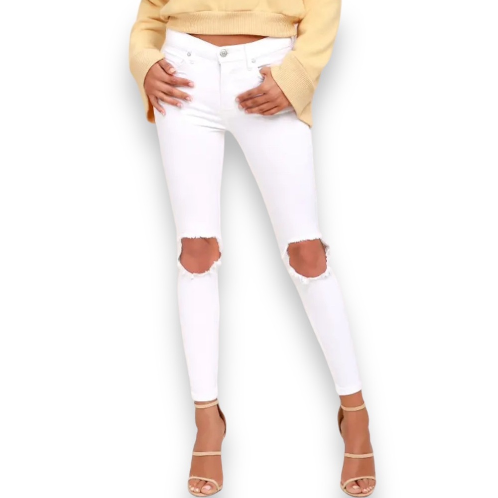 Free People High Rise Busted White Distressed Skinny Jeans